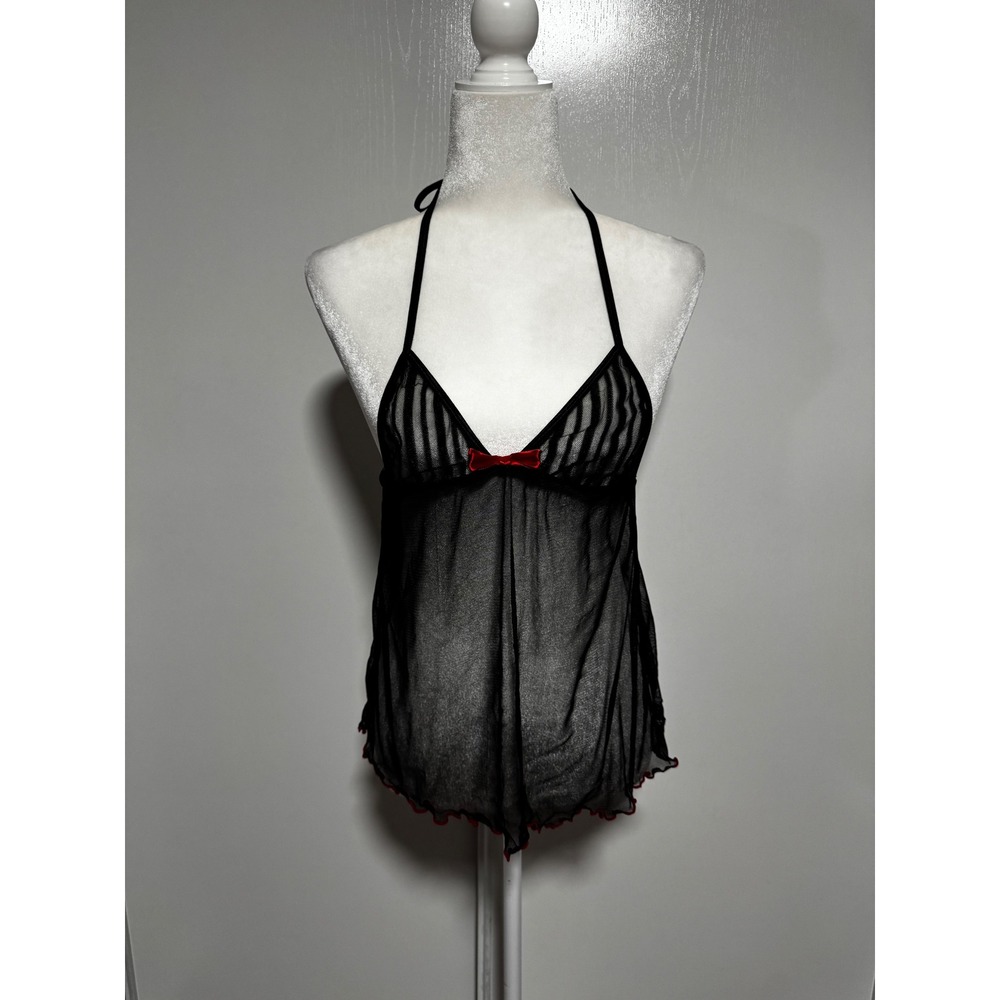 Dreamgirl Black Sheer Babydoll Lingerie Top Red Bow Halter Tie Sexy Sleepwear S